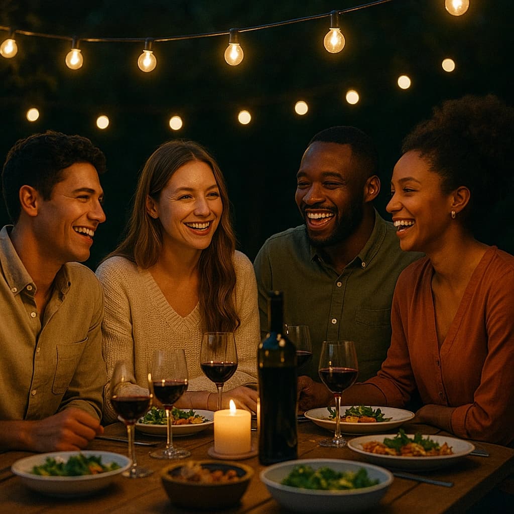 Friends hosting dinner under string lights
